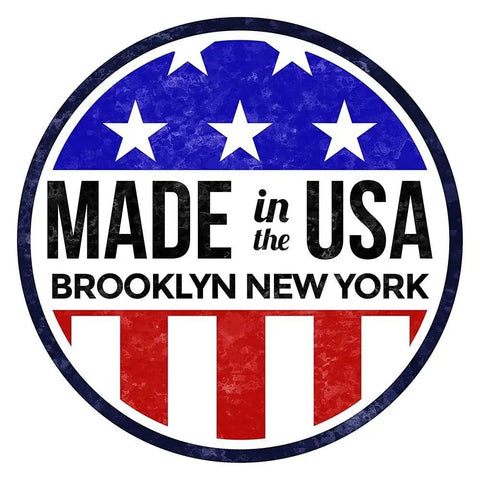 Round emblem with blue stars and red stripes, reads "Made in the USA Brooklyn New York" in bold letters.