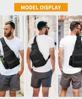 Model wearing Tactical Sling Bag Crossbody For Men And Women EDC Shoulder Pack With MOLLE, Lightweight 600D Nylon Chest Bag