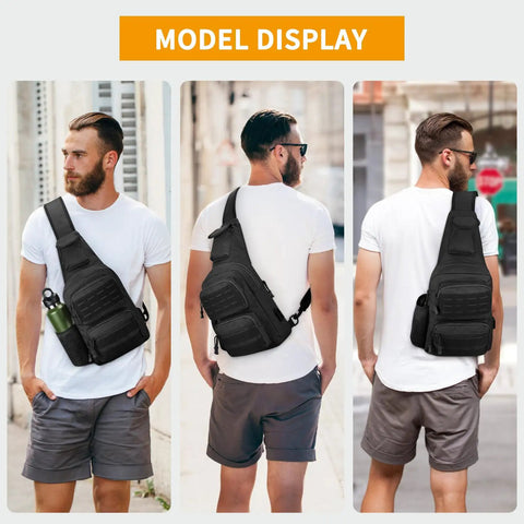 Model wearing Tactical Sling Bag Crossbody For Men And Women EDC Shoulder Pack With MOLLE, Lightweight 600D Nylon Chest Bag