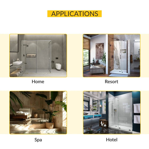 Applications of Adjustable Designer Glass To Glass Door Hinge 180 Degree Satin Finish shown in home, resort, spa, hotel contexts