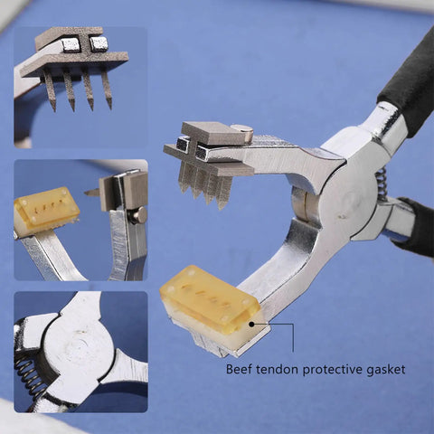 Angled Leather Hole Punch Pliers With Double Lever, High Hardness Stainless Steel, showing beef tendon protective gasket.