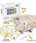 Five In One Wooden STEM Kits For Kids With Amusement Park Theme Build A Ferris Wheel gift box, instruction booklets, tools.