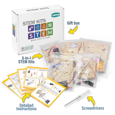 Five In One Wooden STEM Kits For Kids With Amusement Park Theme Build A Ferris Wheel gift box, instruction booklets, tools.