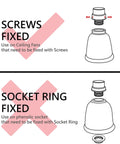Diagram showing installation methods for Alabaster Bell Glass Shade Set For Ceiling Fans; screws vs. socket ring, pack of 4.