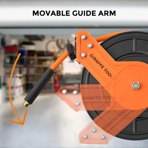 Retractable Air Hose Reel With 3/8 Inch Hybrid Hose, Auto Rewind, Heavy Duty Steel Construction, 300 PSI, Wall Mount, Brass Fittings