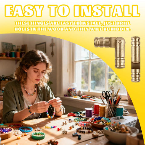 Person crafting with jewelry in studio, Brass Hidden Cylinder Hinges 25 Pack Invisible Brass Barrel Hinges With 270 Degree Folding Concealed Mini Hinges shown inset