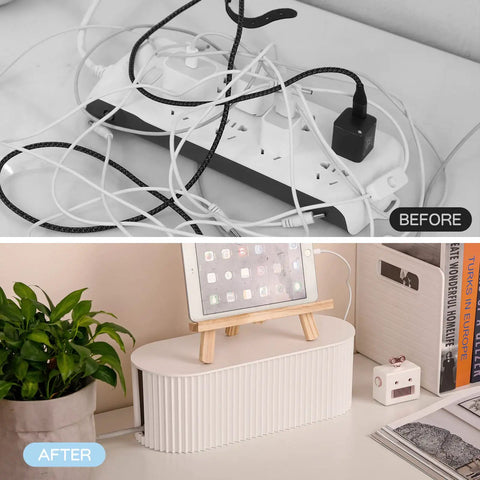 Before and after of Cable Management Box With Ten Cable Ties For Organizing Power Strips And Surges Hiding TV And Computer Wires.