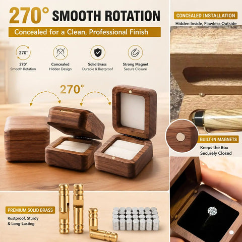 Hidden Brass Hinges Set For Wooden Boxes, Mini Barrel Hinges With 270 Degree Folding And Magnets, demonstrates smooth rotation in jewelry box