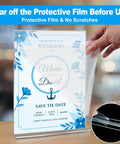 Crystal Clear 8.5 By 11 Inch Acrylic Sign Holder Set in use with protective film being removed, wedding invitation displayed, double sided