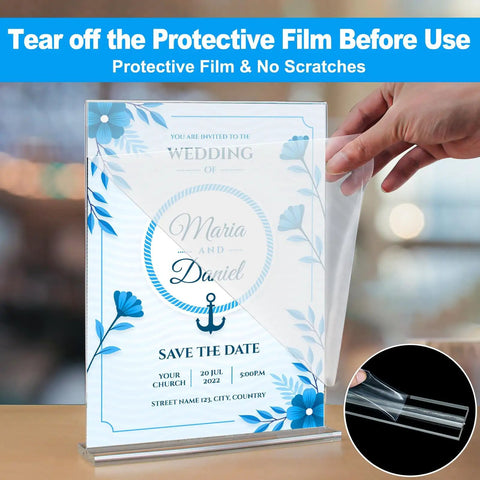 Crystal Clear 8.5 By 11 Inch Acrylic Sign Holder Set in use with protective film being removed, wedding invitation displayed, double sided