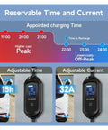 Portable Level 2 Ev Charger With Flexible 16A To 32A Amp Ratings showing adjustable time and current settings for optimal charging.