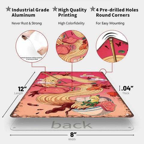 Specifications of Vintage Metal Sign Ramen Bowl Cat And Goldfish Tin Wall Art 8 By 12 Inch, highlighting aluminum durability and mounting holes