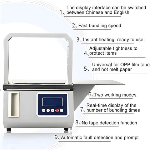 HuanEssentric High Speed Automatic Bundling Machine With Adjustable Tightness And Two Use Modes for efficient packaging, control panel visible.