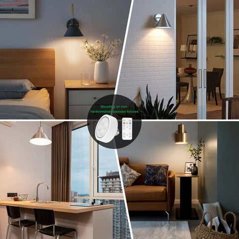 No-Hassle Remote Control Screw-In Puck Lights For E26 Bases, 2-Pack in various room settings, mounted on non-hardwired sconces.