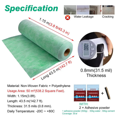 Heavy Duty Waterproofing Membrane Roll 3.8 Feet Wide 142.7 Feet Long 538 Square Feet Coverage Water Barrier Seal for sealing moisture.