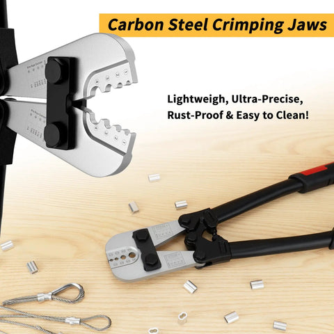Pro Grade Wire Rope Crimping Tool Kit For 3/64 In To 1/8 In Cable Beefy Heavy Duty Swaging Tool with accessories on wooden surface.