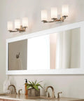 Three Light Chrome Bath Vanity Light With Etched White Glass, Energy Star LED Fixture above bathroom mirror and sink
