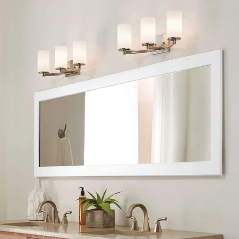 Three Light Chrome Bath Vanity Light With Etched White Glass, Energy Star LED Fixture above bathroom mirror and sink