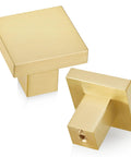 Solid Brass Square Cabinet Knobs In Brushed Gold Finish Five Pack For Kitchen Cabinets Bathroom Vanity Dresser And Closet Doors 1 3 16 Inch Easy Install Modern Hardware That Elevates Any Room, showing two knobs from different angles