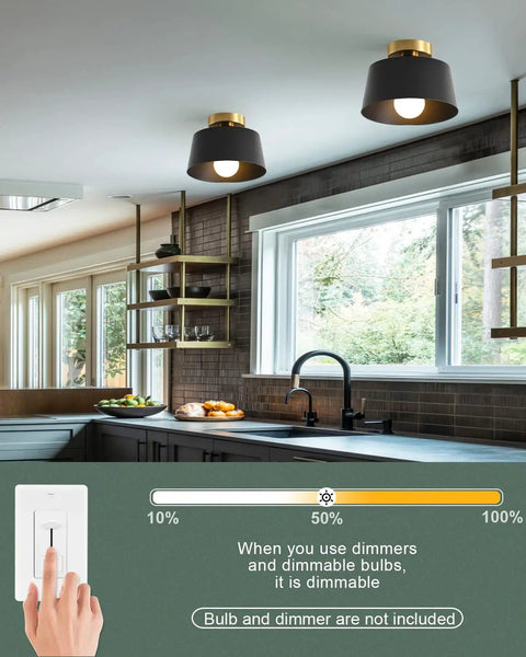 Modern Hallway Ceiling Light Fixture With Gold Plate And Matte Black Shade in a contemporary kitchen setting, semi flush mount