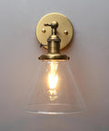 1 Light Wall Mount Sconce with Funnel Flared Clear Glass Shade, Handblown Glass Lampshade, Antique Gold Finish, Warm Light