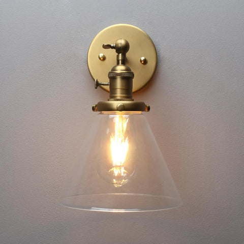 1 Light Wall Mount Sconce with Funnel Flared Clear Glass Shade, Handblown Glass Lampshade, Antique Gold Finish, Warm Light