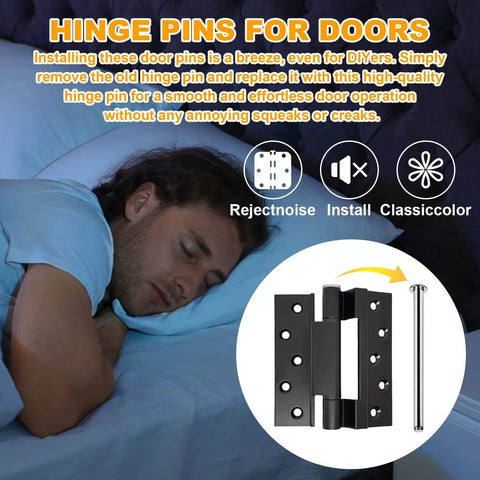 Six Pieces Of 3.5 Inch Indoor Door Hinge Pins Replacement shown with sleeping man for silent operation idea
