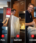 Man using Go To Emergency Fire Blanket 39 By 39 Inches, 1 Pack for Home and Kitchen Fire Suppression with easy tear tabs.