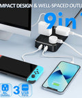 Weatherproof Outdoor Power Strip with six AC outlets and three USB ports in use with devices, shown on desk