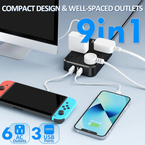 Weatherproof Outdoor Power Strip with six AC outlets and three USB ports in use with devices, shown on desk