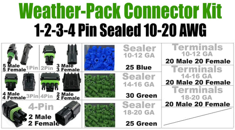 Ultimate Automotive Weather-Pack Connector Kit For 20 Amp Systems With Sealer Terminals And Housing For Male Female Quick Disconnect Splices Plus Wire Gauge Range From 10 To 20 Ga, 1-4 pin