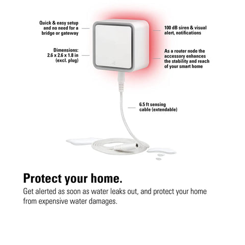 Smart Home Water Leak Detector With 6.5 Ft Sensing Cable, 100 dB Siren, HomeKit Ready, wall-mounted device with coiled cable.