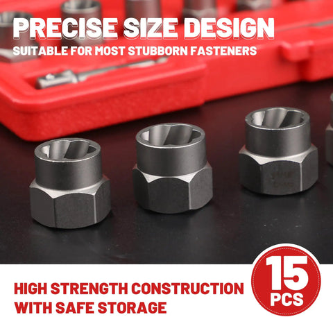 15 Piece Bolt Extractor Set for Three Eighths Inch Drive Beast Mode Nut and Bolt Remover Kit, close-up of extractors and storage case