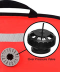 Close-up of over pressure valve on Big Neon High Visibility 50 lb Lift Bag for Scuba Diving, red with reflective band.