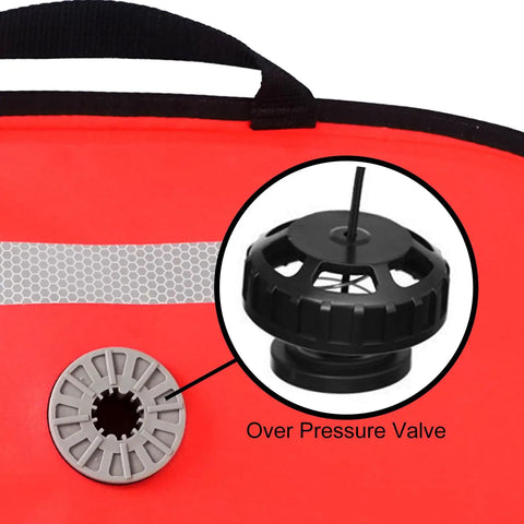 Close-up of over pressure valve on Big Neon High Visibility 50 lb Lift Bag for Scuba Diving, red with reflective band.