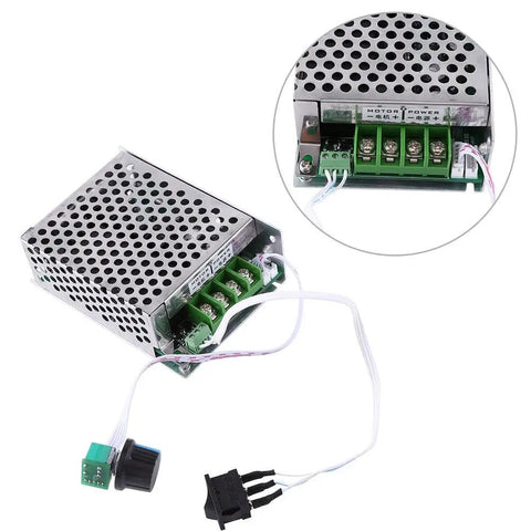 Adjustable DC Brushed Motor Speed Controller with PWM Regulator for DC 10V to 50V 30A, showing robust build and wiring terminals.