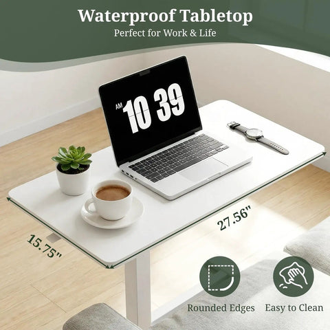 Portable Sit Stand Desk With One Press Pneumatic Lift Hidden Casters Rolling Laptop Table, white tabletop with laptop and accessories.