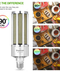 240W Pro Grade Corn LED Light Bulb Fanless E39 Mogul Base 3000K Warm White 32,400 Lumens 90+ CRI Replacement For 1000W Metal Halide HID HPS Energy Saver Beast Brightness For High Bay Industrial Lighting demonstrating color rendering differences with 90+ CRI