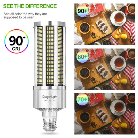 240W Pro Grade Corn LED Light Bulb Fanless E39 Mogul Base 3000K Warm White 32,400 Lumens 90+ CRI Replacement For 1000W Metal Halide HID HPS Energy Saver Beast Brightness For High Bay Industrial Lighting demonstrating color rendering differences with 90+ CRI