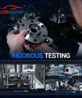 Person holding rear wheel bearing and hub assembly for installation, showing durability and torsional fatigue testing setup.