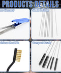 Nine Piece Carburetor Cleaning Tool Kit With Stainless Steel Needles, Nylon Brushes, and Hooks, shown in detailed view.
