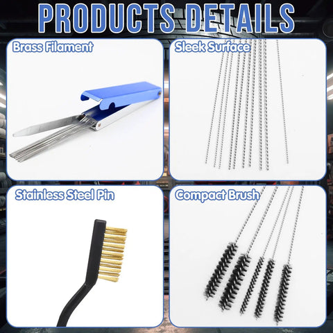 Nine Piece Carburetor Cleaning Tool Kit With Stainless Steel Needles, Nylon Brushes, and Hooks, shown in detailed view.