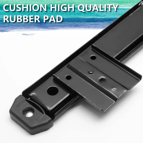 Close-up of 2 pack 14 inch keyboard slide rails with heavy duty ball bearing slides, showing cushion high quality rubber pad, black.