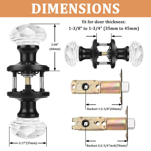 Five Pack Glass Door Knobs With Flat Black Rosettes For Privacy, dimensions showing crystal knobs and base sizes