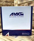 White and blue box with APACH logo, displayed against a wooden background