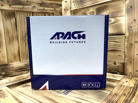 White and blue box with APACH logo, displayed against a wooden background
