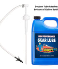 Slippery Pete fluid pump with clear suction tube and adapter beside blue gear-lube container