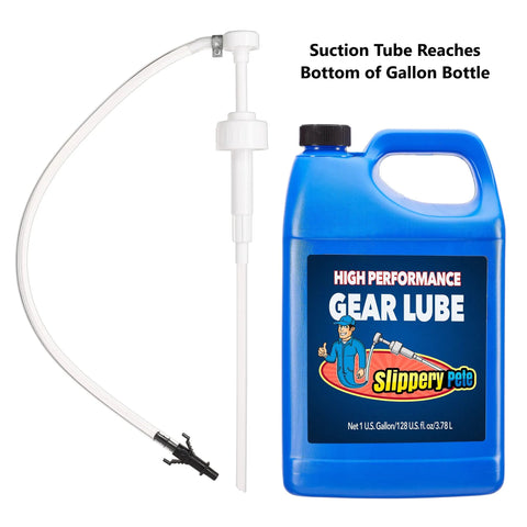 Slippery Pete fluid pump with clear suction tube and adapter beside blue gear-lube container
