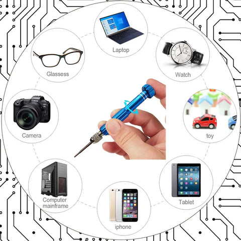 Hand holding 13 In 1 Multifunctional Precision Screwdriver Set With Magnetic Bits surrounded by electronics and glasses.