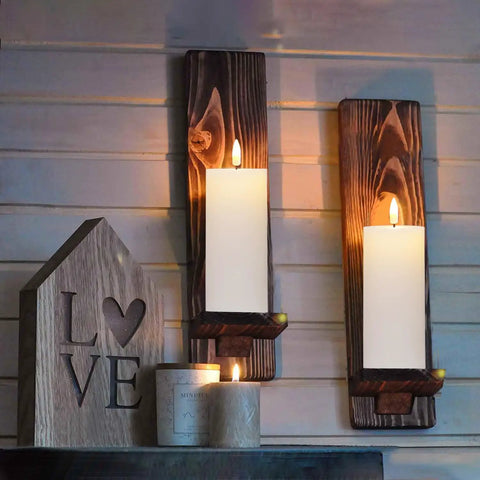 White Flameless Candles Set Of 2 2.2x5 Inch LED Pillar Candles With Remote, Timer on wooden wall sconces